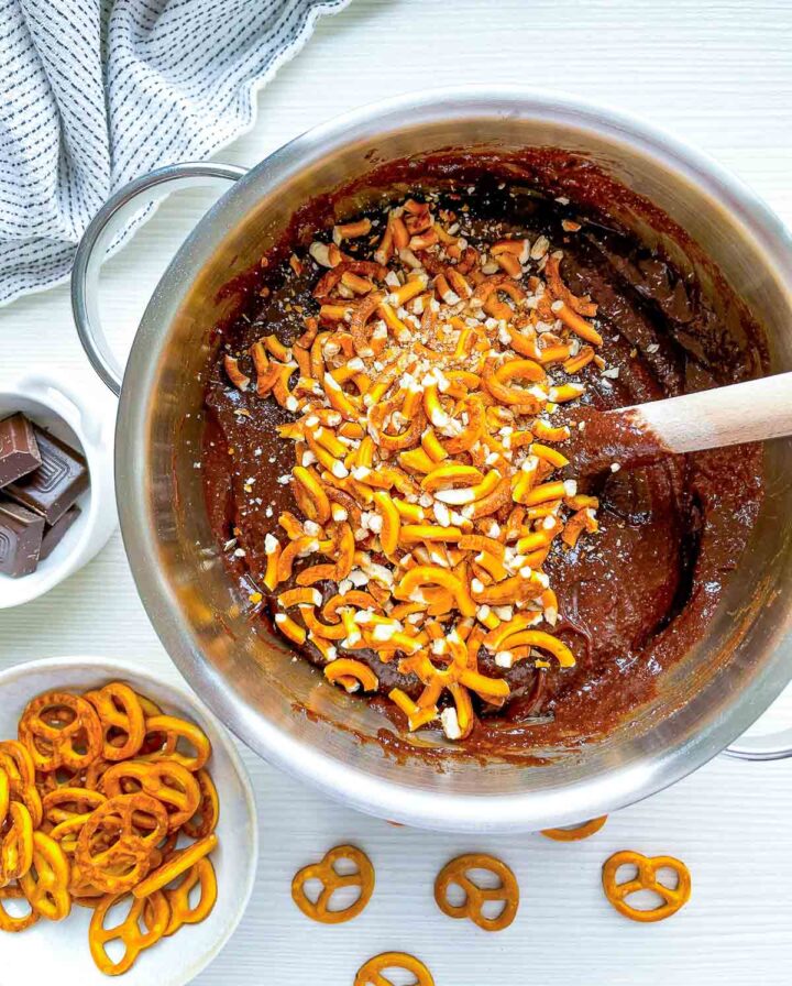 Crushed pretzels mixed into brownie batter