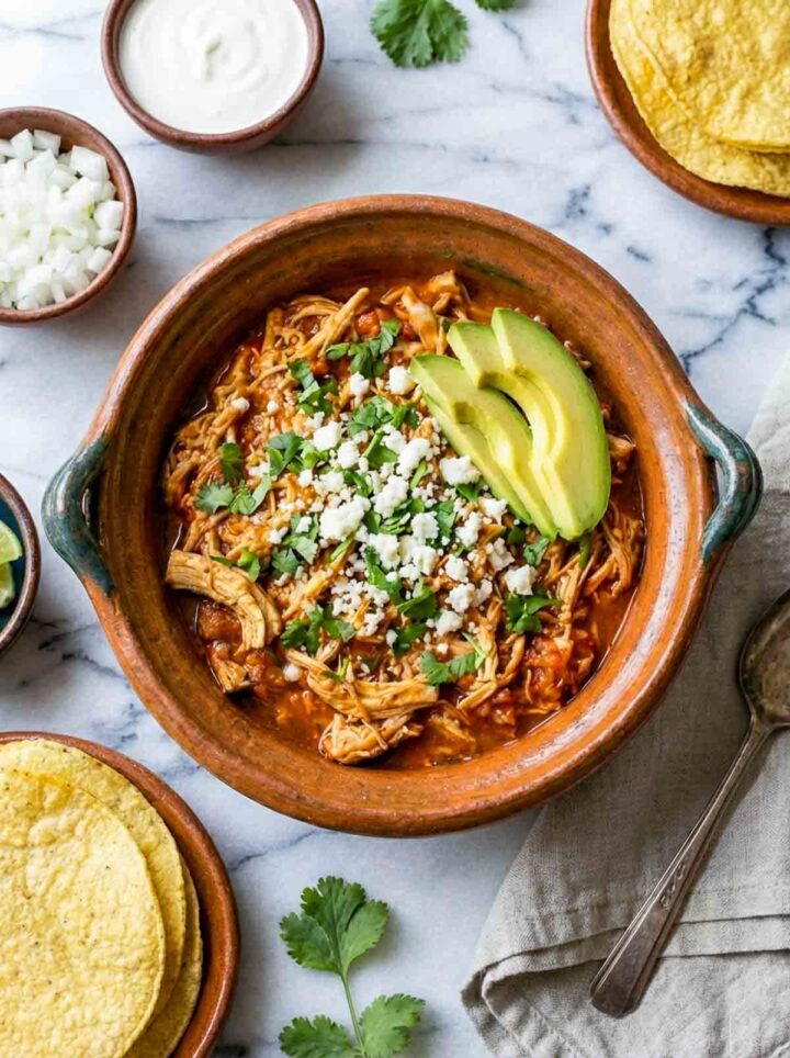 Mexican chicken tinga in a bowl topped with avocado, cotija cheese, and cilantro, served with tortillas and toppings on a marble surface.