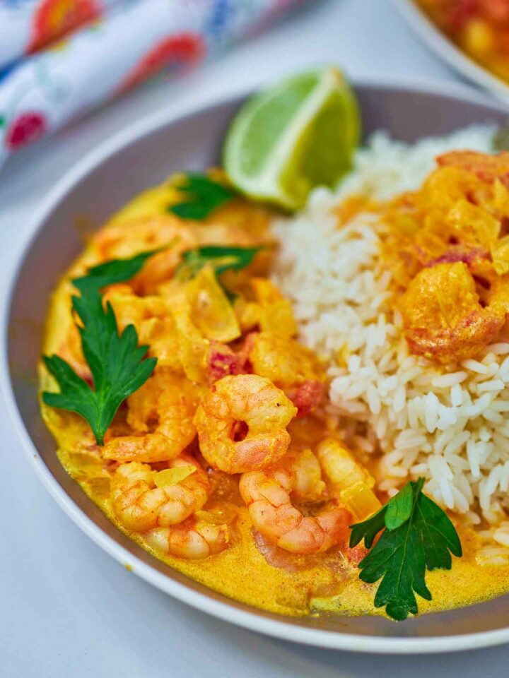 Close up of a bowl of shrimp tikka masala served with basmati rice.