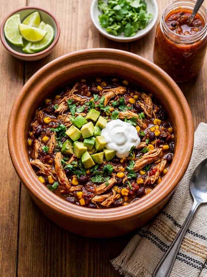 Slow cooker Mexican chicken with fire roasted salsa, black beans, and corn, topped with avocado, sour cream, and cilantro in a rustic bowl.