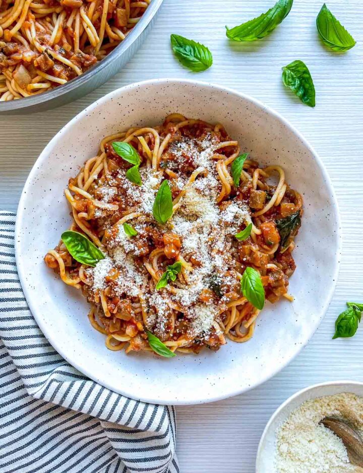 Spaghetti tossed in a rich tomato and eggplant sauce, finished with parmesan and fresh basil leaves.