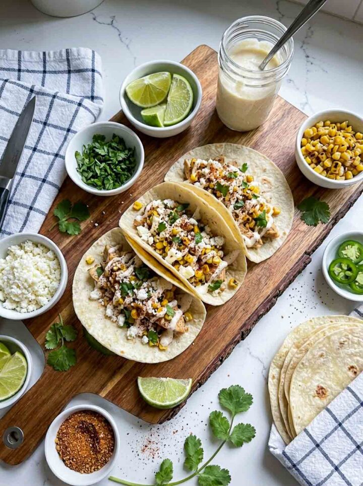 A plate of street corn chicken tacos topped with cotija cheese, cilantro, and crema, served with lime wedges and corn on a wooden board.