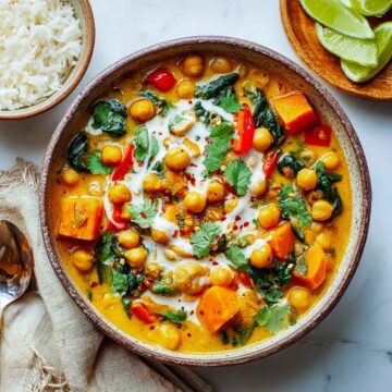 A bowl of crockpot sweet potato chickpea curry with spinach, coconut milk drizzle, and cilantro, served with rice and lime wedges.