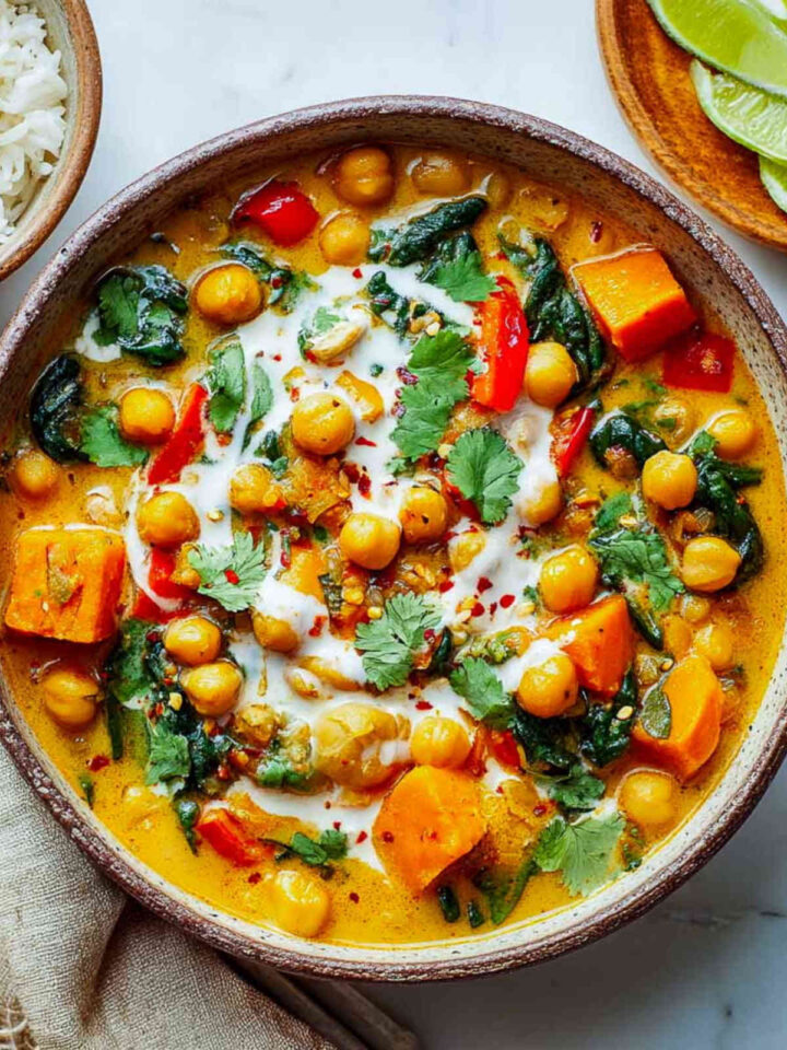 Close-up of creamy chickpea and sweet potato curry with spinach, red peppers, coconut drizzle, and chili flakes.