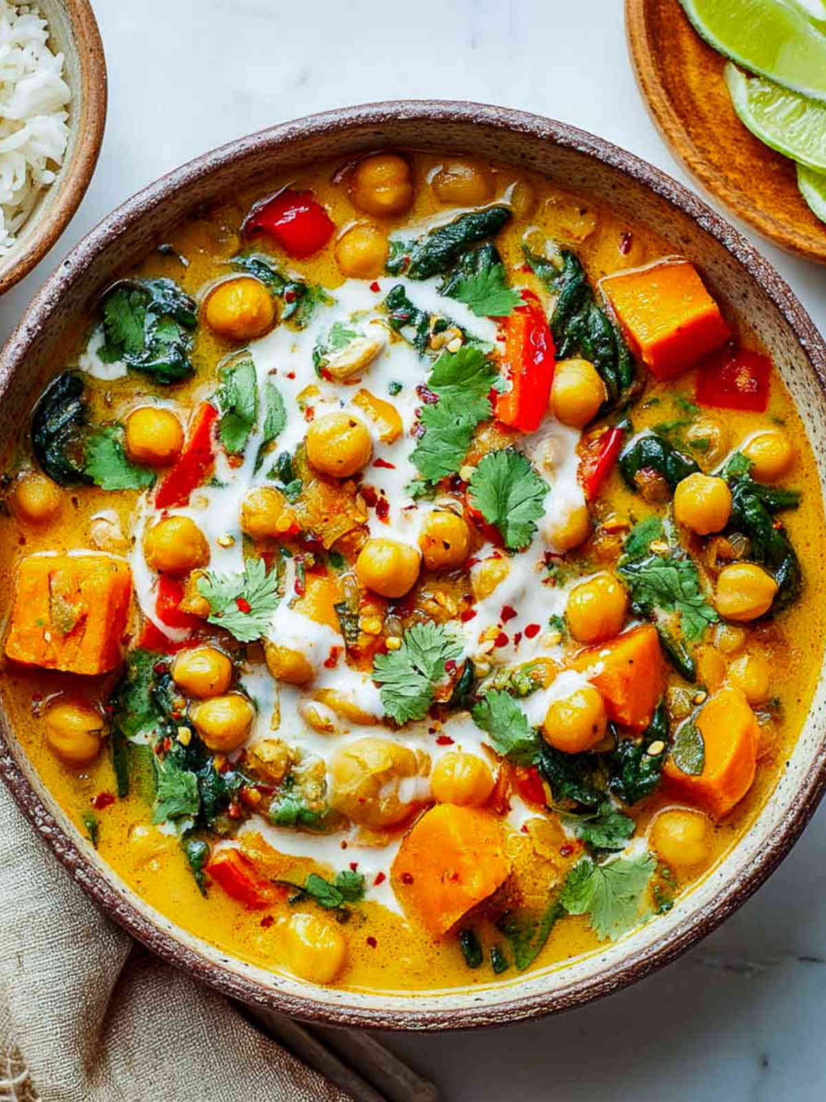 Close-up of creamy chickpea and sweet potato curry with spinach, red peppers, coconut drizzle, and chili flakes.
