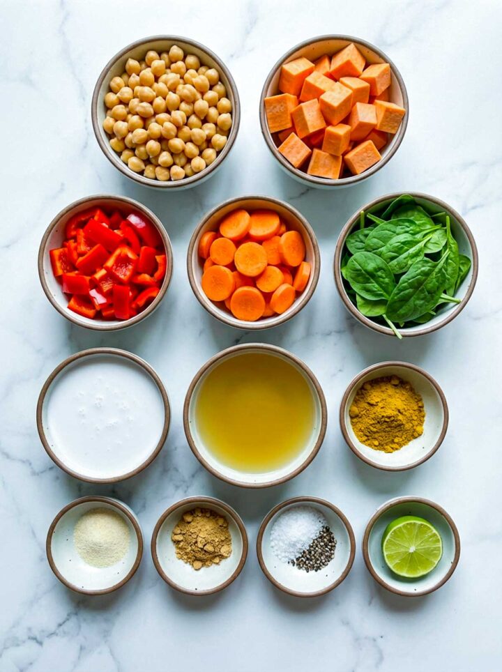 Ingredients for sweet potato chickpea curry arranged in bowls including chickpeas, sweet potatoes, spinach, spices, coconut milk, and lime.
