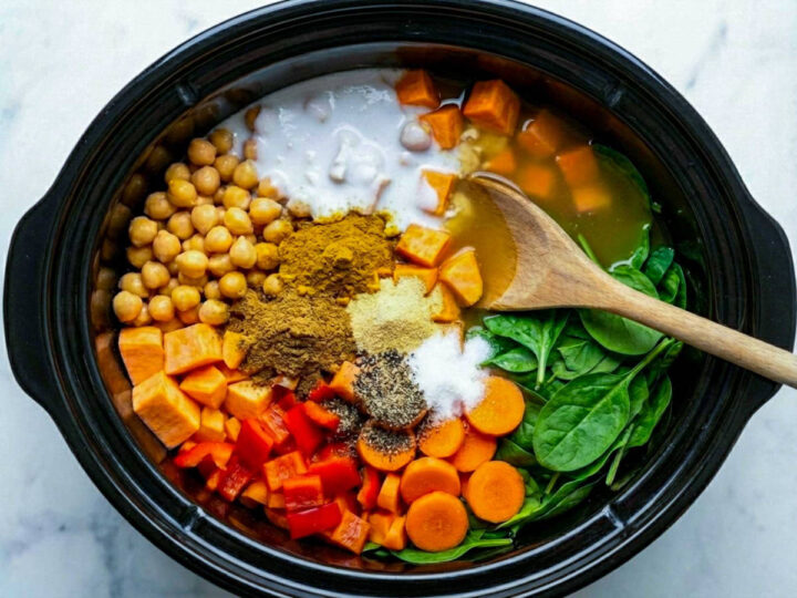 All ingredients to make the curry dumped in the crockpot.