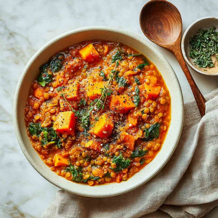 A hearty bowl of Crockpot sweet potato lentil curry with tender sweet potato chunks, lentils, spinach, and herbs on a marble surface.