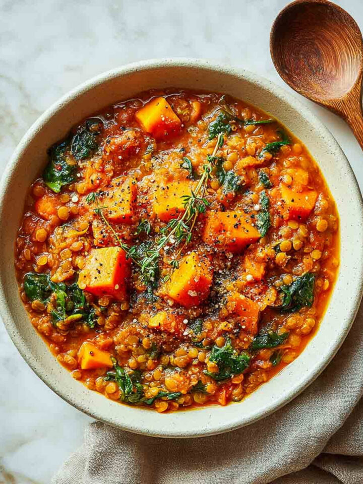 Close-up of Crockpot sweet potato lentil curry with soft lentils, sweet potato cubes, wilted greens, and seasoning on a neutral plate.