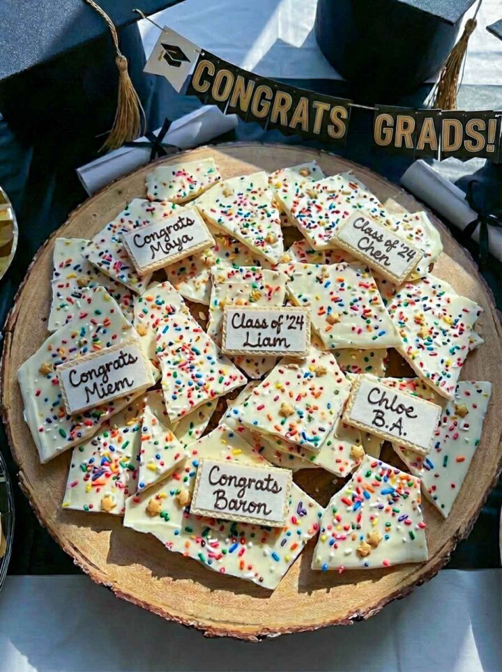 White chocolate bark with name tags placed on top.