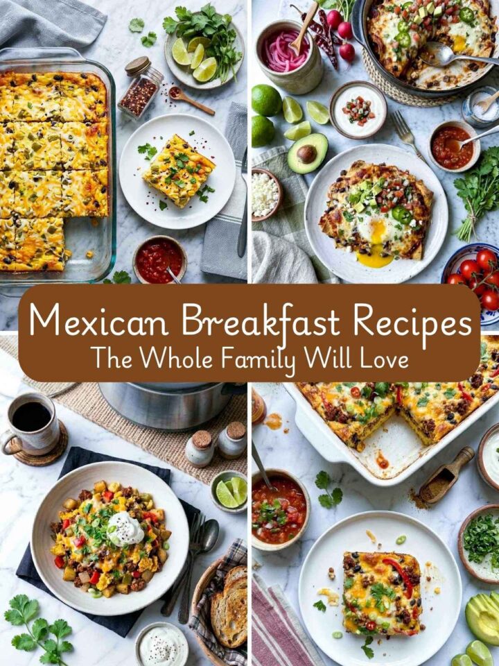 Mexican breakfast recipes collage with casseroles, enchiladas, eggs, avocado, salsa, and cheesy breakfast dishes.