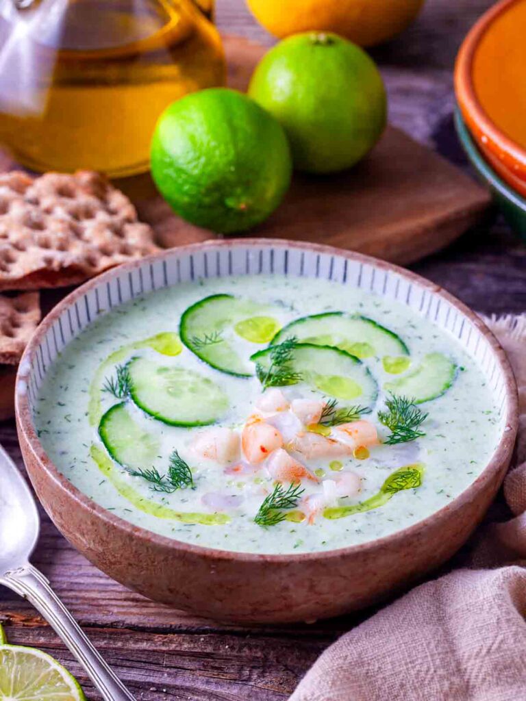 Creamy Cucumber Avocado Soup with Shrimp