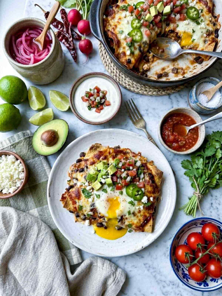 Overhead shot of a huevos rancheros casserole serving on a speckled ceramic plate, with a broken runny egg yolk, black beans, melted cheese, diced avocado, pico de gallo, sliced jalapeños, and cotija, with the baking dish in the background.