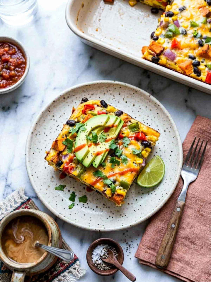 Overhead shot of a slice of vegetarian Mexican breakfast casserole on a speckled ceramic plate, showing sweet potato chunks, black beans, corn, diced red and green bell pepper, red onion, and melted cheese, topped with sliced avocado, fresh cilantro, a hot sauce drizzle, and a lime wedge, with the baking dish in the background.