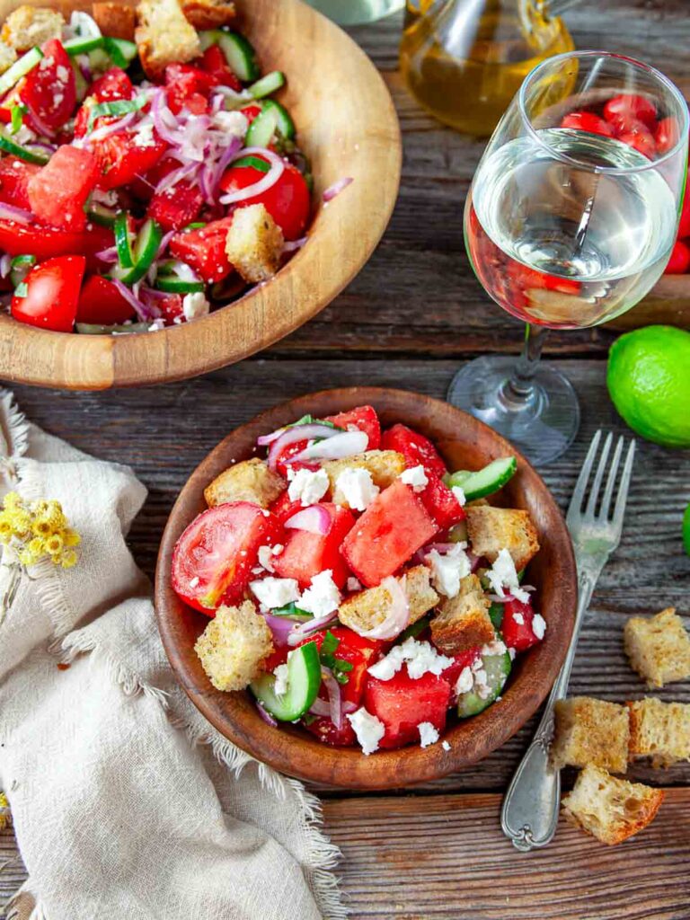 Watermelon panzanella salad with feta and croutons