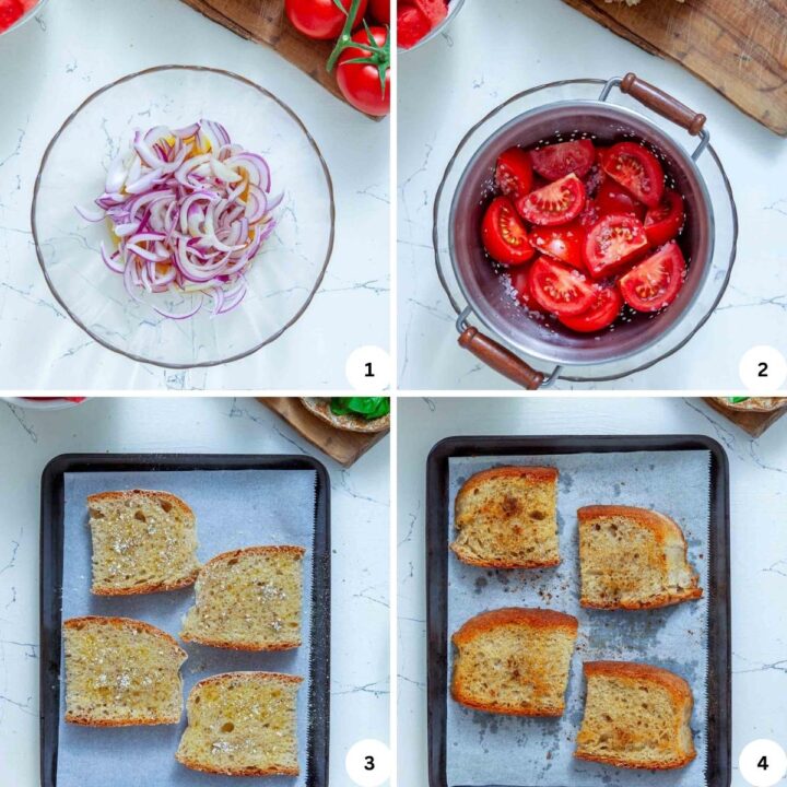 Four process photos showing red onion soaking in orange juice, Campari tomatoes salting in a colander, ciabatta slices brushed with olive oil and seasoning, and golden toasted ciabatta from the air fryer.