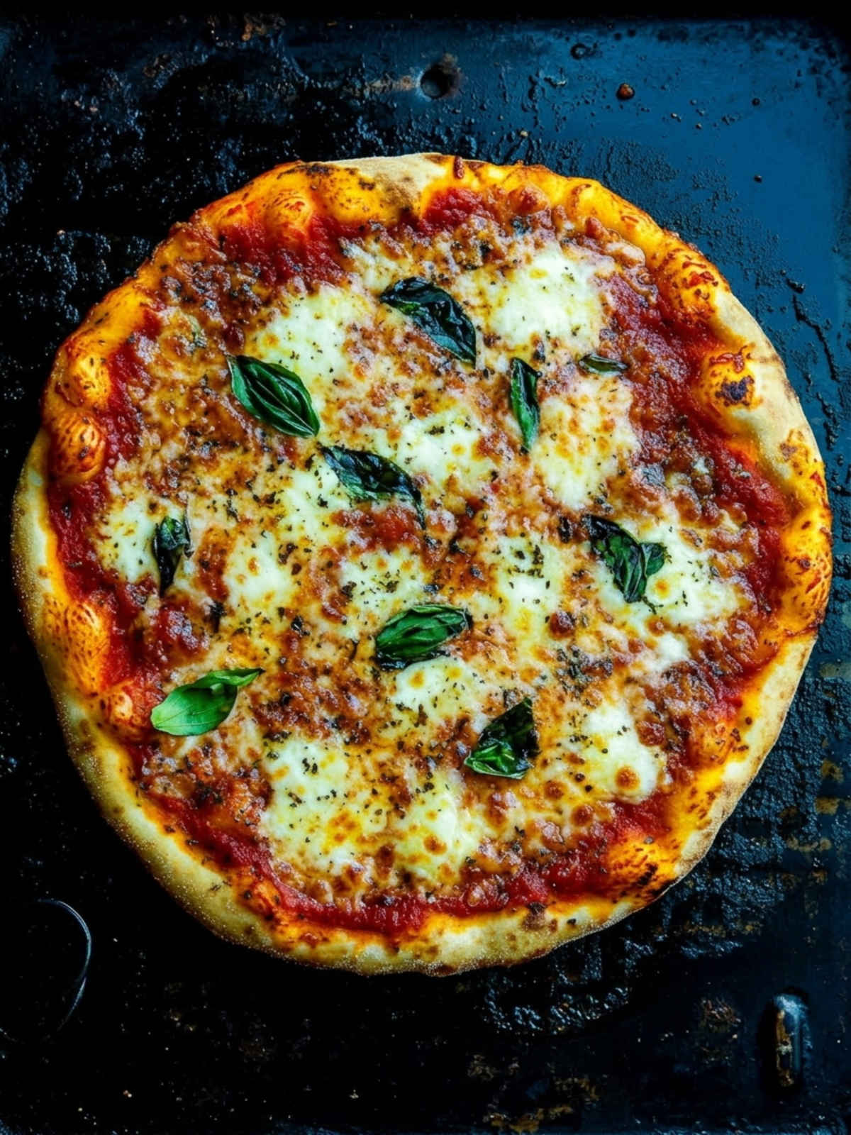 Top-down view of a homemade Blackstone camping pizza topped with melted mozzarella, tomato sauce, and fresh basil leaves on a seasoned flat-top griddle.