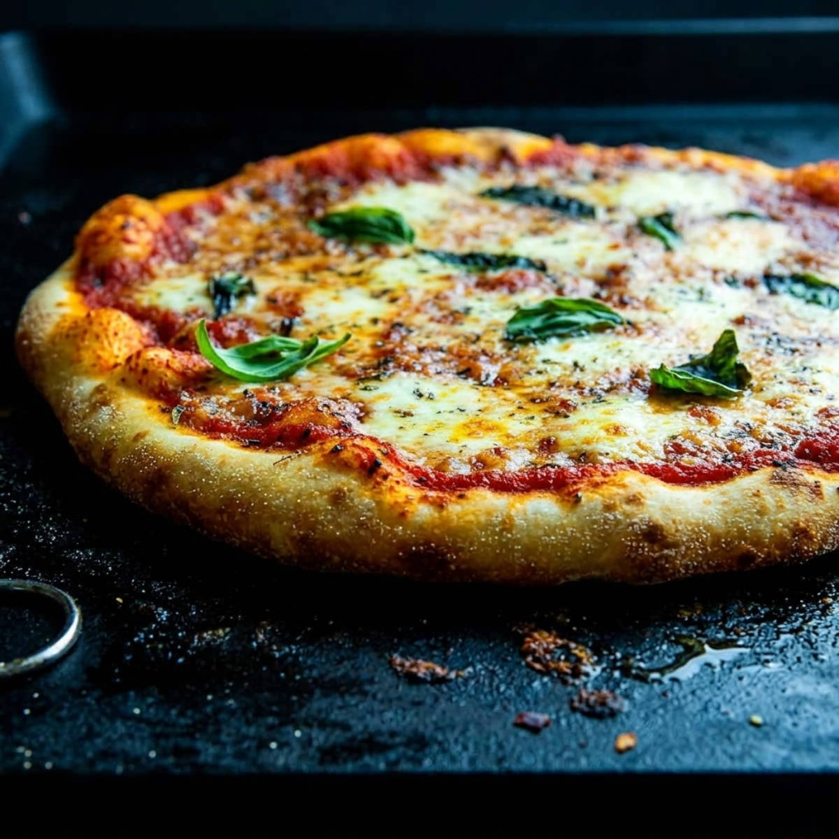Low-angle view of a crispy Blackstone camping pizza with bubbly cheese, tomato sauce, and fresh basil cooking on a flat-top griddle.