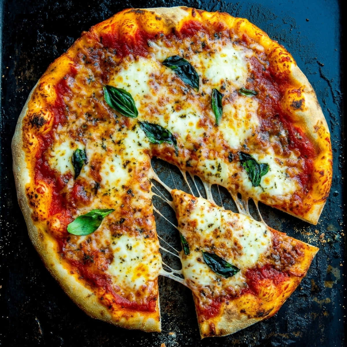 Blackstone camping pizza with a slice pulled away, showing stretchy melted cheese, tomato sauce, and basil on a hot griddle.