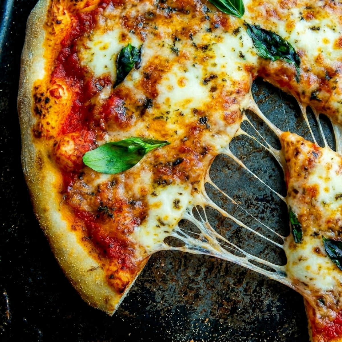 Close-up of a Blackstone camping pizza with golden melted cheese stretching between slices and fresh basil leaves on top.
