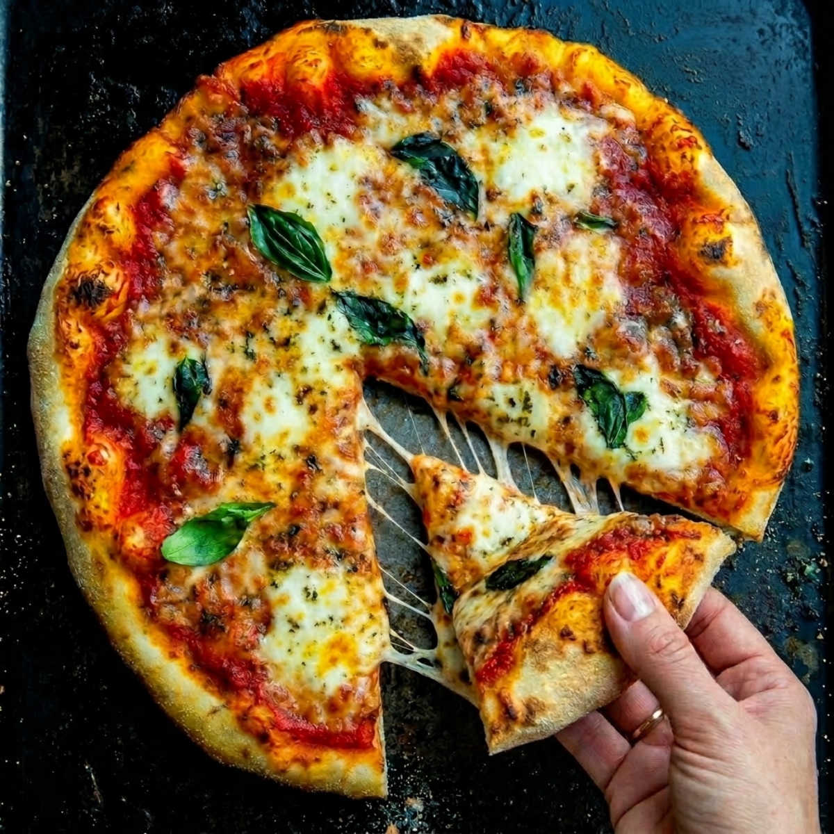 Top-down view of a hand lifting a slice of Blackstone camping pizza with long strands of melted cheese and fresh basil garnish.