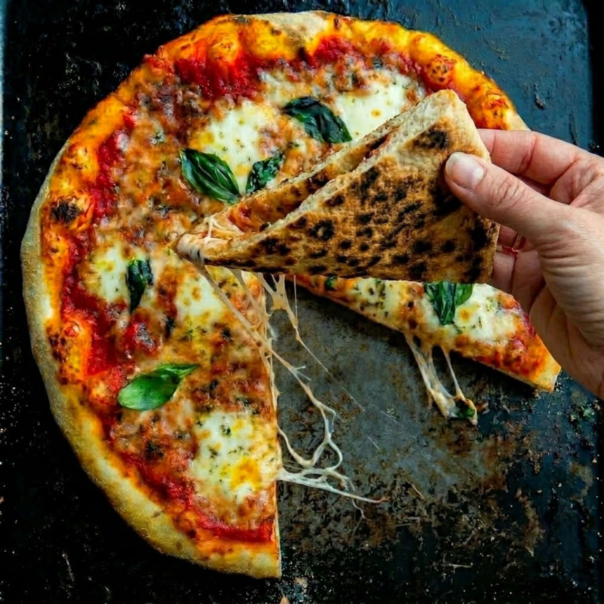 Hand holding a folded slice of Blackstone camping pizza with charred crust, melted cheese, tomato sauce, and basil leaves.