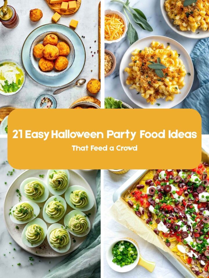 Collage of Halloween party foods featuring cheese bites, mac and cheese, deviled eggs, and loaded nachos with text reading “21 Easy Halloween Party Food Ideas That Feed a Crowd.”