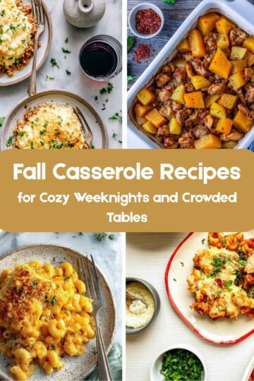 Square collage of fall casserole recipes including pumpkin chicken casserole, baked tortellini, butternut squash mac and cheese, and cottage pie with cauliflower mash