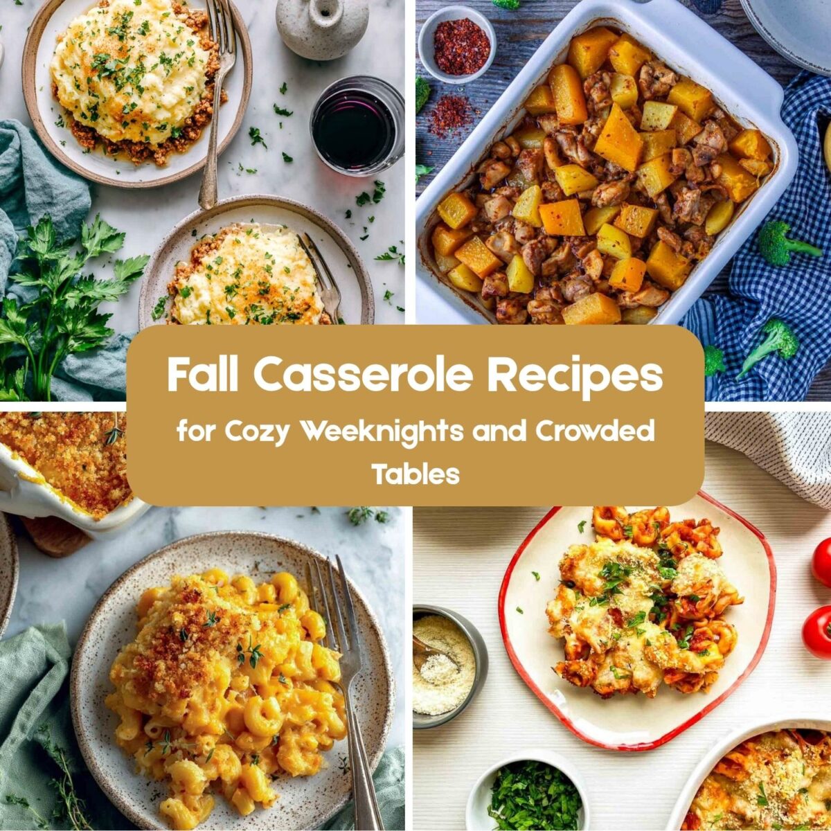 Square collage of fall casserole recipes including pumpkin chicken casserole, baked tortellini, butternut squash mac and cheese, and cottage pie with cauliflower mash